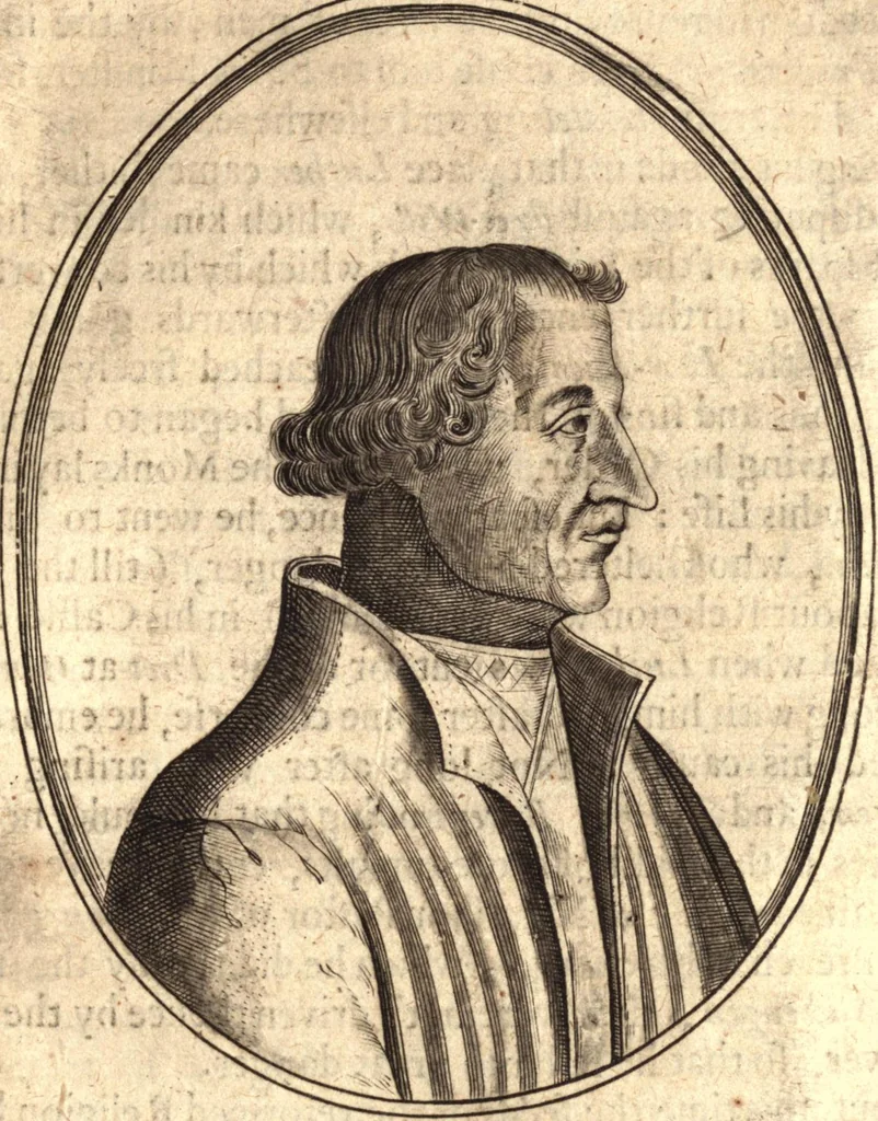 An illustration from The marrow of ecclesiastical history : contained in the lives of one hundred forty eight fathers, schoolmen, first reformers, and modern divines which have flourished in the Church since Christ's time to this present age : faithfully collected and orderly disposed according to the centuries wherein they lived : together with the lively effigies of most of the eminentest of them cut in copper, 1654, leaf 356