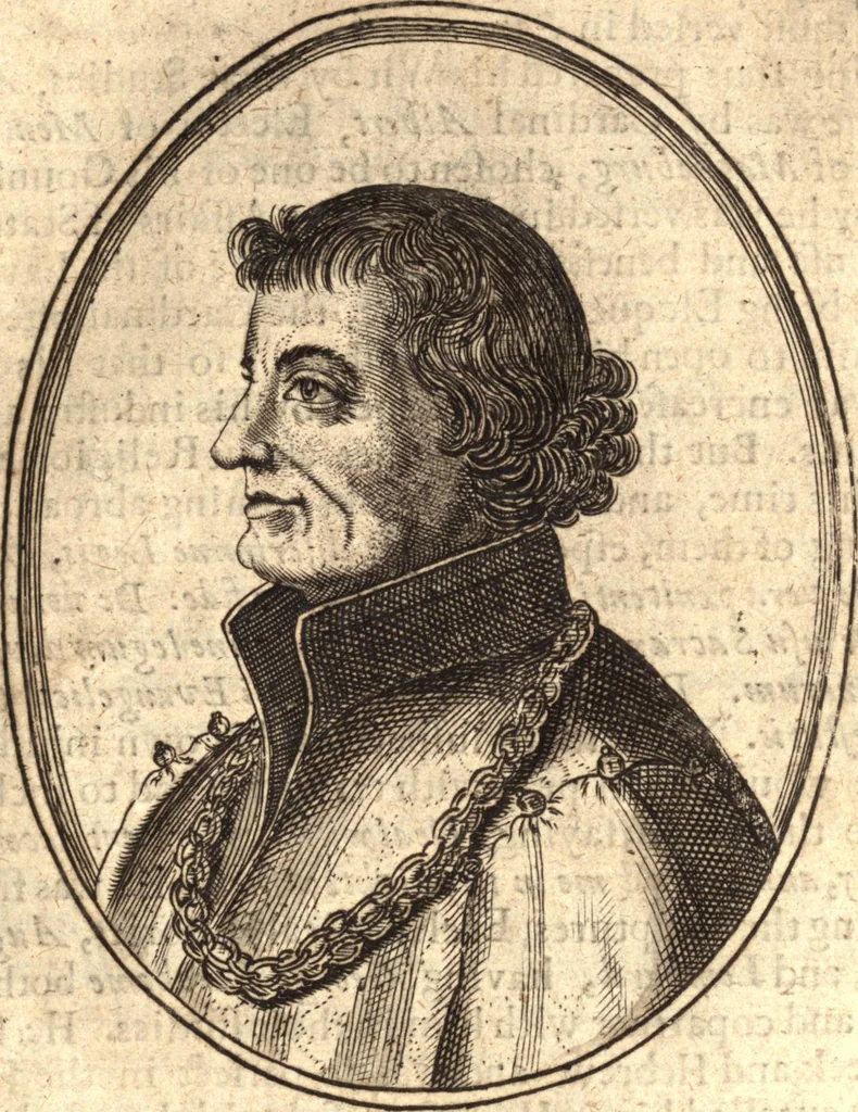 An illustration from The marrow of ecclesiastical history : contained in the lives of one hundred forty eight fathers, schoolmen, first reformers, and modern divines which have flourished in the Church since Christ's time to this present age : faithfully collected and orderly disposed according to the centuries wherein they lived : together with the lively effigies of most of the eminentest of them cut in copper, 1654, leaf 366