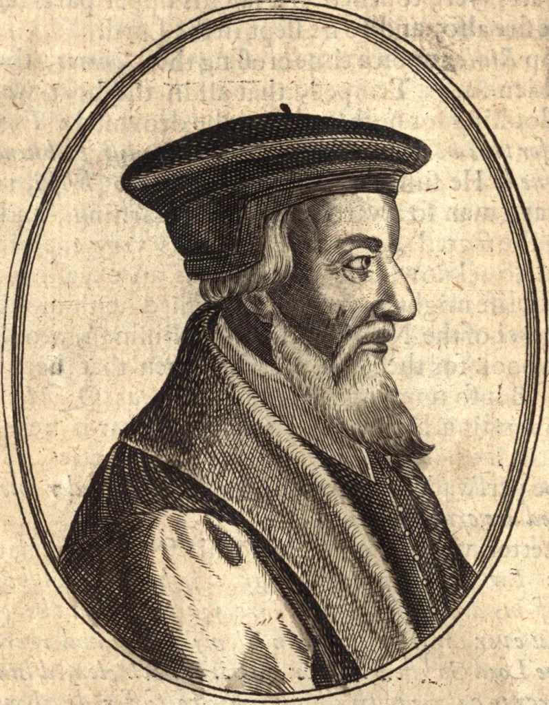 An illustration from The marrow of ecclesiastical history : contained in the lives of one hundred forty eight fathers, schoolmen, first reformers, and modern divines which have flourished in the Church since Christ's time to this present age : faithfully collected and orderly disposed according to the centuries wherein they lived : together with the lively effigies of most of the eminentest of them cut in copper, 1654, leaf 409
