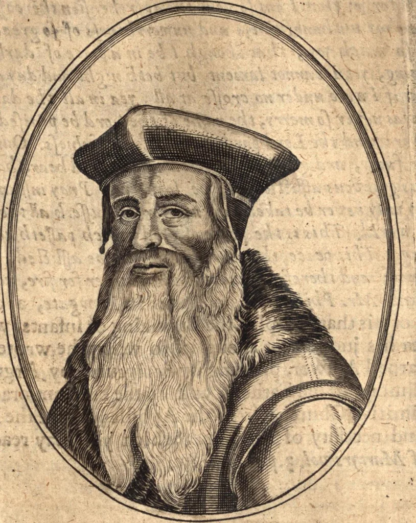 An illustration from The marrow of ecclesiastical history : contained in the lives of one hundred forty eight fathers, schoolmen, first reformers, and modern divines which have flourished in the Church since Christ's time to this present age : faithfully collected and orderly disposed according to the centuries wherein they lived : together with the lively effigies of most of the eminentest of them cut in copper, 1654, leaf 421
