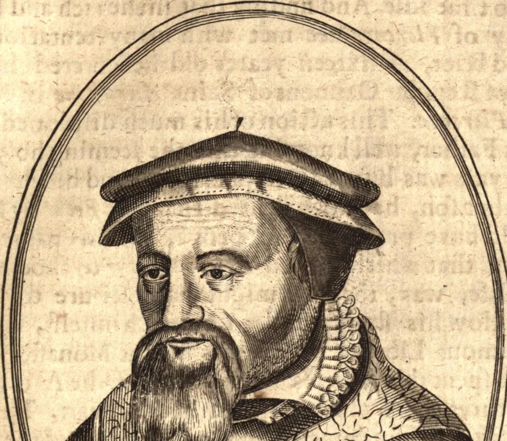 An illustration from The marrow of ecclesiastical history : contained in the lives of one hundred forty eight fathers, schoolmen, first reformers, and modern divines which have flourished in the Church since Christ's time to this present age : faithfully collected and orderly disposed according to the centuries wherein they lived : together with the lively effigies of most of the eminentest of them cut in copper, 1654, leaf 464