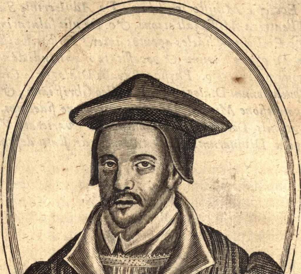 An illustration from The marrow of ecclesiastical history : contained in the lives of one hundred forty eight fathers, schoolmen, first reformers, and modern divines which have flourished in the Church since Christ's time to this present age : faithfully collected and orderly disposed according to the centuries wherein they lived : together with the lively effigies of most of the eminentest of them cut in copper, 1654, leaf 579