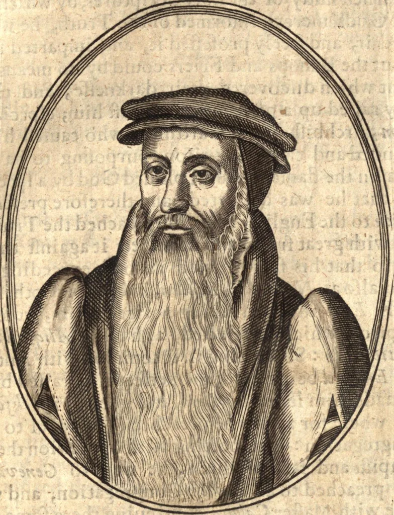 An illustration from The marrow of ecclesiastical history : contained in the lives of one hundred forty eight fathers, schoolmen, first reformers, and modern divines which have flourished in the Church since Christ's time to this present age : faithfully collected and orderly disposed according to the centuries wherein they lived : together with the lively effigies of most of the eminentest of them cut in copper, 1654, leaf 594