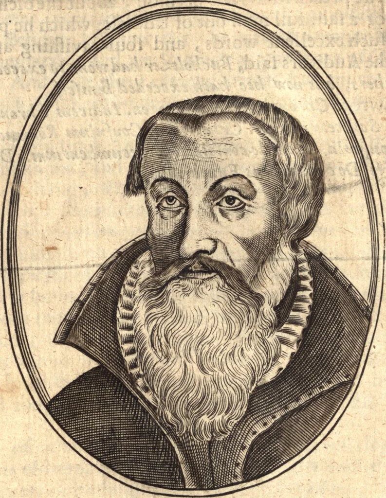 An illustration from The marrow of ecclesiastical history : contained in the lives of one hundred forty eight fathers, schoolmen, first reformers, and modern divines which have flourished in the Church since Christ's time to this present age : faithfully collected and orderly disposed according to the centuries wherein they lived : together with the lively effigies of most of the eminentest of them cut in copper, 1654, leaf 661
