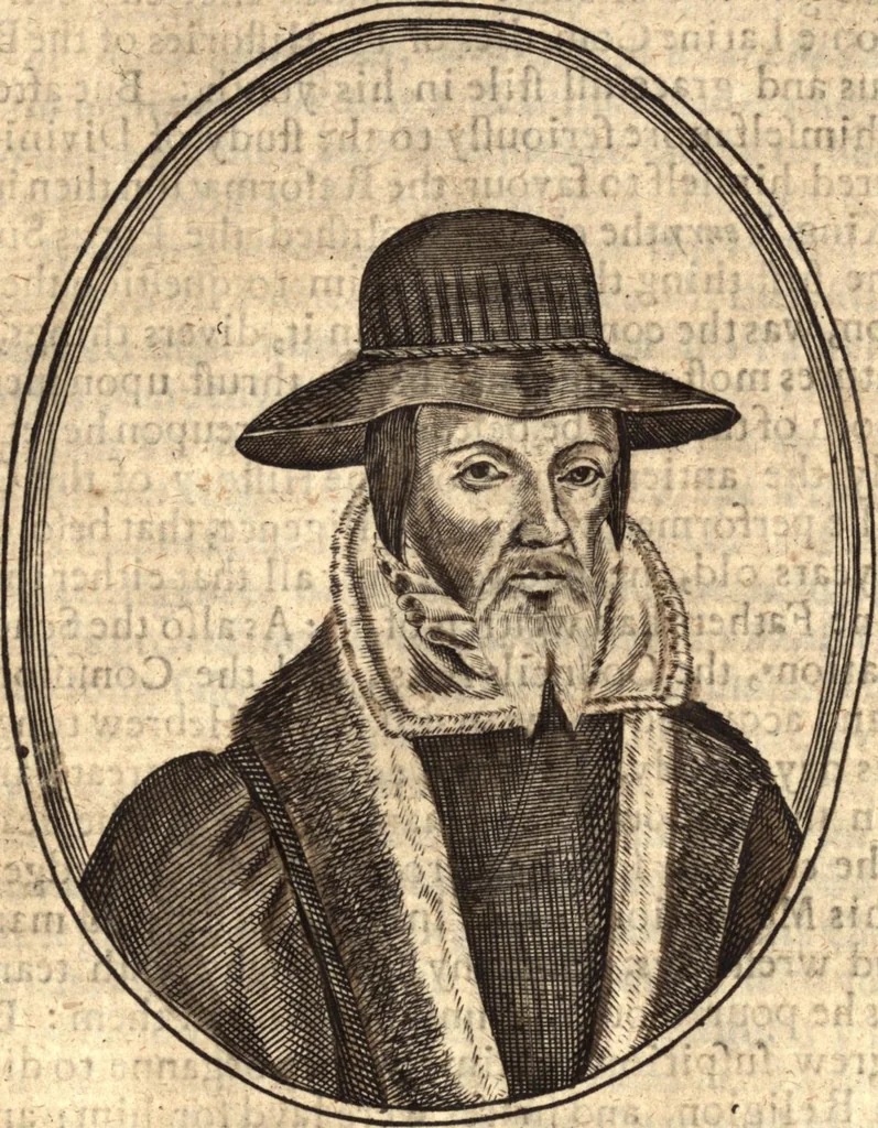 An illustration from The marrow of ecclesiastical history : contained in the lives of one hundred forty eight fathers, schoolmen, first reformers, and modern divines which have flourished in the Church since Christ's time to this present age : faithfully collected and orderly disposed according to the centuries wherein they lived : together with the lively effigies of most of the eminentest of them cut in copper, 1654, leaf 674