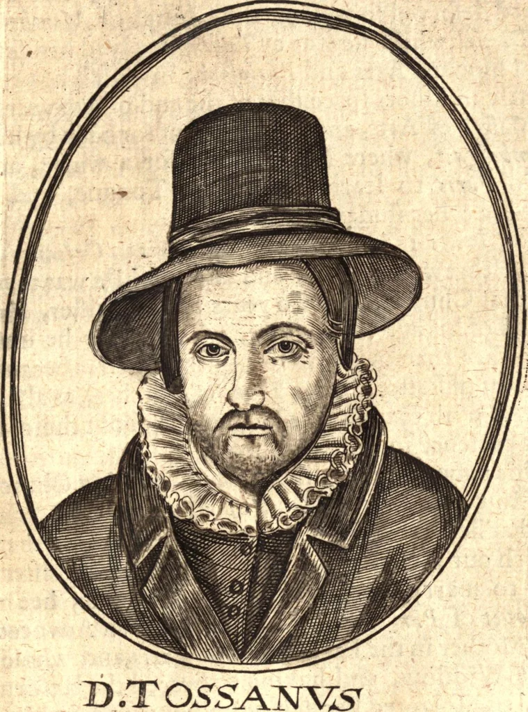 An illustration from The marrow of ecclesiastical history : contained in the lives of one hundred forty eight fathers, schoolmen, first reformers, and modern divines which have flourished in the Church since Christ's time to this present age : faithfully collected and orderly disposed according to the centuries wherein they lived : together with the lively effigies of most of the eminentest of them cut in copper, 1654, leaf 726