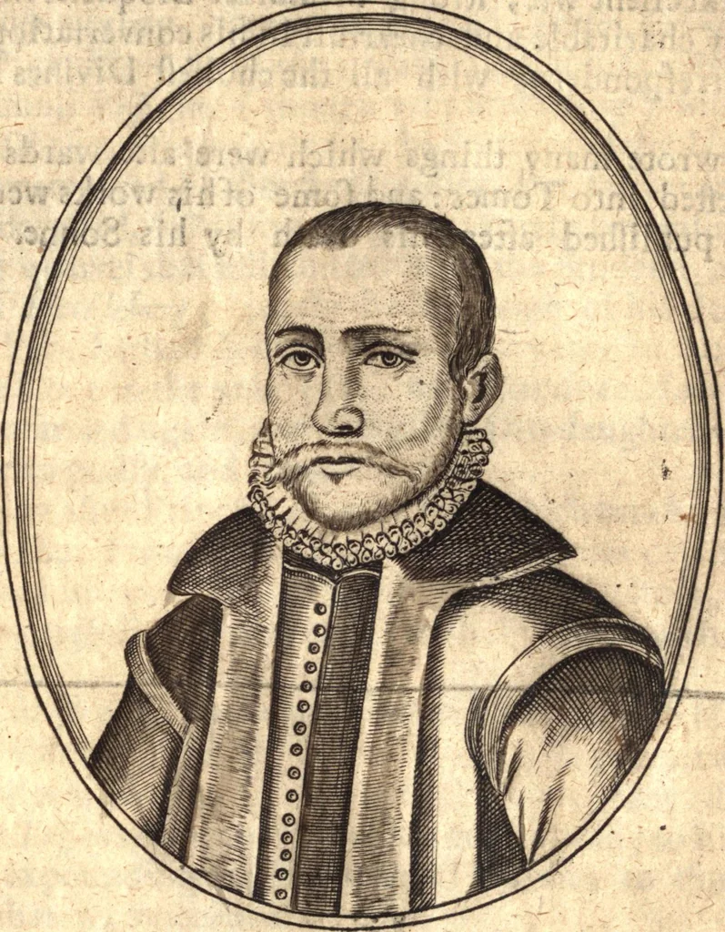 An illustration from The marrow of ecclesiastical history : contained in the lives of one hundred forty eight fathers, schoolmen, first reformers, and modern divines which have flourished in the Church since Christ's time to this present age : faithfully collected and orderly disposed according to the centuries wherein they lived : together with the lively effigies of most of the eminentest of them cut in copper, 1654, leaf 735