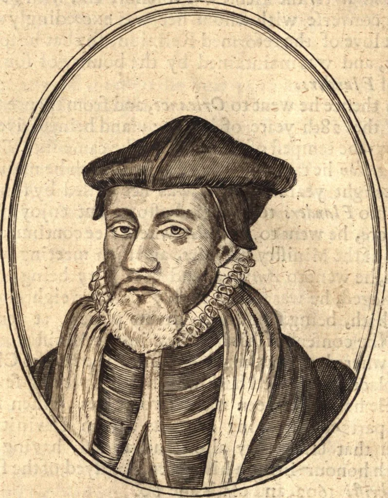 An illustration from The marrow of ecclesiastical history : contained in the lives of one hundred forty eight fathers, schoolmen, first reformers, and modern divines which have flourished in the Church since Christ's time to this present age : faithfully collected and orderly disposed according to the centuries wherein they lived : together with the lively effigies of most of the eminentest of them cut in copper, 1654, leaf 747