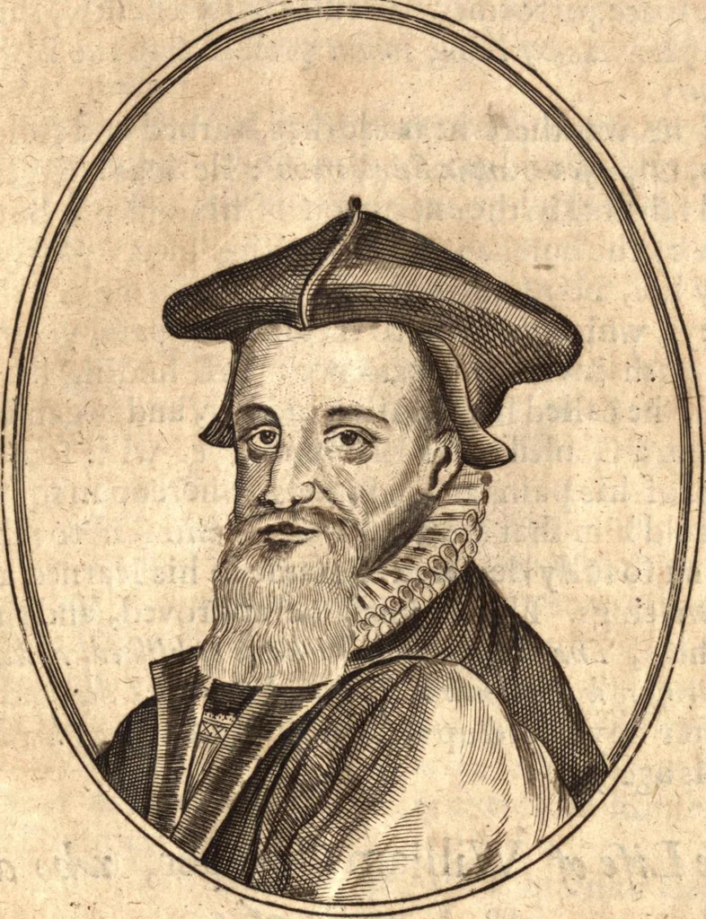 An illustration from The marrow of ecclesiastical history : contained in the lives of one hundred forty eight fathers, schoolmen, first reformers, and modern divines which have flourished in the Church since Christ's time to this present age : faithfully collected and orderly disposed according to the centuries wherein they lived : together with the lively effigies of most of the eminentest of them cut in copper, 1654, leaf 786