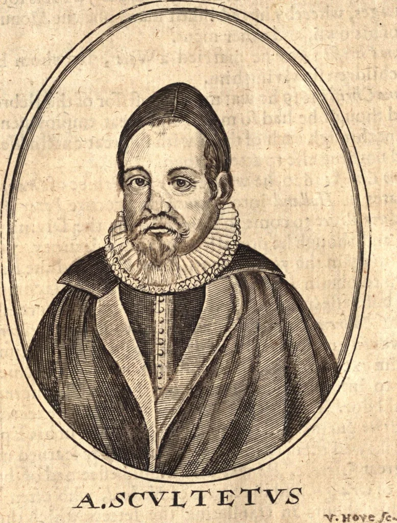 An illustration from The marrow of ecclesiastical history : contained in the lives of one hundred forty eight fathers, schoolmen, first reformers, and modern divines which have flourished in the Church since Christ's time to this present age : faithfully collected and orderly disposed according to the centuries wherein they lived : together with the lively effigies of most of the eminentest of them cut in copper, 1654, leaf 805