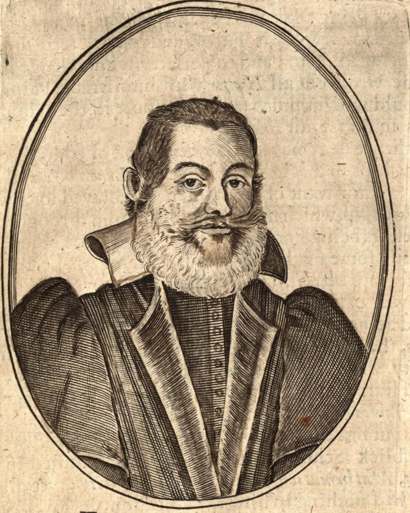 An illustration from The marrow of ecclesiastical history : contained in the lives of one hundred forty eight fathers, schoolmen, first reformers, and modern divines which have flourished in the Church since Christ's time to this present age : faithfully collected and orderly disposed according to the centuries wherein they lived : together with the lively effigies of most of the eminentest of them cut in copper, 1654, leaf 808
