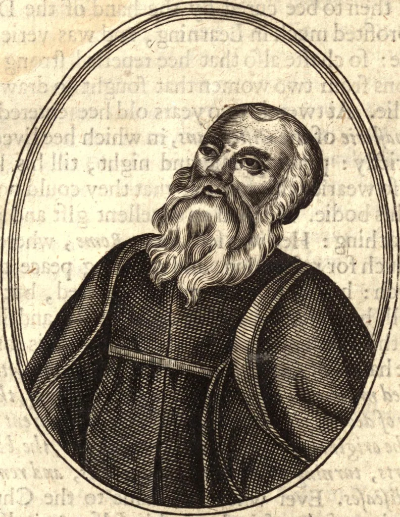 An illustration from The marrow of ecclesiastical historie, conteined in the lives of the fathers and other learned men and famous divines which have flourished in the Church since Christ's time to this present age. Faithfully collected out of several autors and orderly disposed according to the centuries wherein they lived. Together with the livelie effigies of most of the eminentest of them cut in copper, 1650, leaf 102