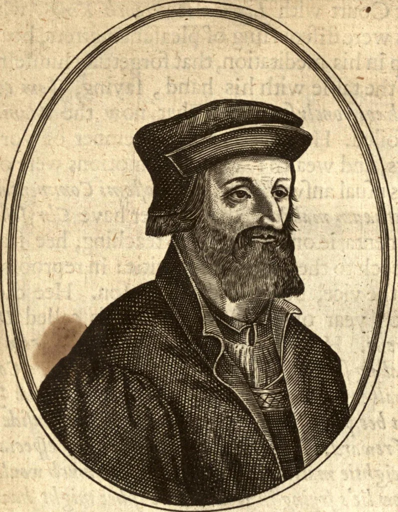 An illustration from The marrow of ecclesiastical historie, conteined in the lives of the fathers and other learned men and famous divines which have flourished in the Church since Christ's time to this present age. Faithfully collected out of several autors and orderly disposed according to the centuries wherein they lived. Together with the livelie effigies of most of the eminentest of them cut in copper, 1650, leaf 109