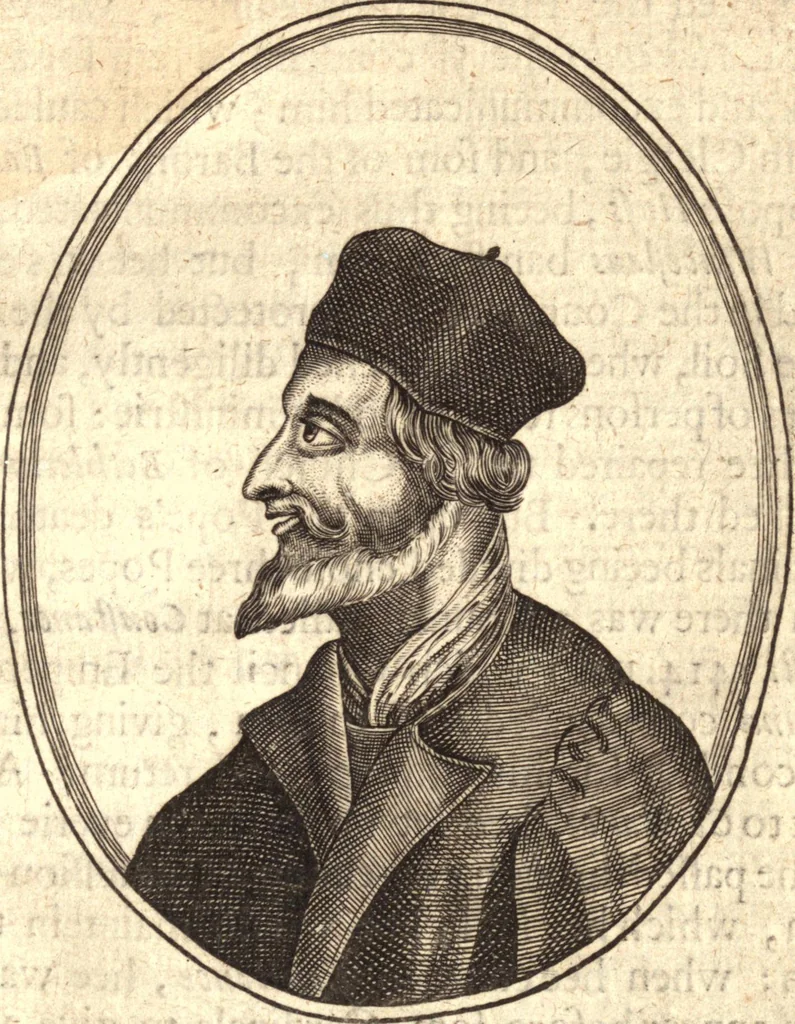 An illustration from The marrow of ecclesiastical historie, conteined in the lives of the fathers and other learned men and famous divines which have flourished in the Church since Christ's time to this present age. Faithfully collected out of several autors and orderly disposed according to the centuries wherein they lived. Together with the livelie effigies of most of the eminentest of them cut in copper, 1650, leaf 112