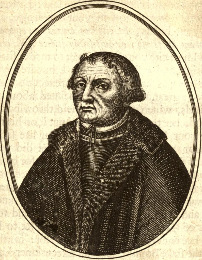 An illustration from The marrow of ecclesiastical historie, conteined in the lives of the fathers and other learned men and famous divines which have flourished in the Church since Christ's time to this present age. Faithfully collected out of several autors and orderly disposed according to the centuries wherein they lived. Together with the livelie effigies of most of the eminentest of them cut in copper, 1650, leaf 121