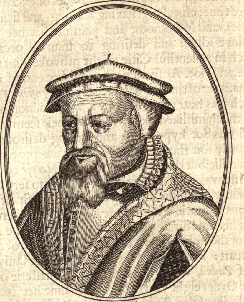 An illustration from The marrow of ecclesiastical historie, conteined in the lives of the fathers and other learned men and famous divines which have flourished in the Church since Christ's time to this present age. Faithfully collected out of several autors and orderly disposed according to the centuries wherein they lived. Together with the livelie effigies of most of the eminentest of them cut in copper, 1650, leaf 238