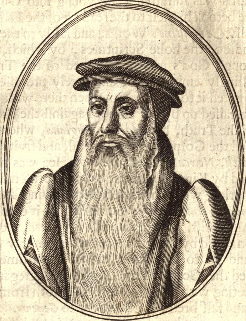 An illustration from The marrow of ecclesiastical historie, conteined in the lives of the fathers and other learned men and famous divines which have flourished in the Church since Christ's time to this present age. Faithfully collected out of several autors and orderly disposed according to the centuries wherein they lived. Together with the livelie effigies of most of the eminentest of them cut in copper, 1650, leaf 312