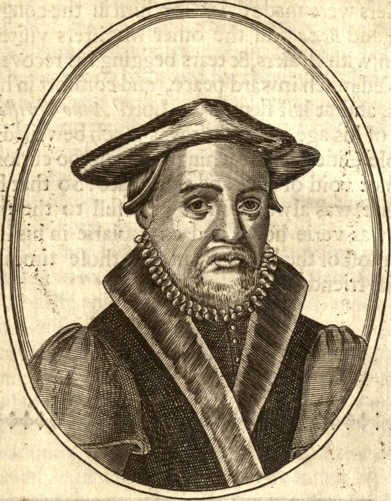 An illustration from The marrow of ecclesiastical historie, conteined in the lives of the fathers and other learned men and famous divines which have flourished in the Church since Christ's time to this present age. Faithfully collected out of several autors and orderly disposed according to the centuries wherein they lived. Together with the livelie effigies of most of the eminentest of them cut in copper, 1650, leaf 401