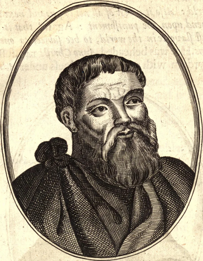 An illustration from The marrow of ecclesiastical historie, conteined in the lives of the fathers and other learned men and famous divines which have flourished in the Church since Christ's time to this present age. Faithfully collected out of several autors and orderly disposed according to the centuries wherein they lived. Together with the livelie effigies of most of the eminentest of them cut in copper, 1650, leaf 44