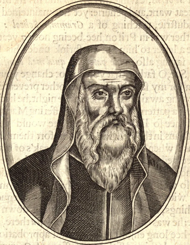 An illustration from The marrow of ecclesiastical historie, conteined in the lives of the fathers and other learned men and famous divines which have flourished in the Church since Christ's time to this present age. Faithfully collected out of several autors and orderly disposed according to the centuries wherein they lived. Together with the livelie effigies of most of the eminentest of them cut in copper, 1650, leaf 50
