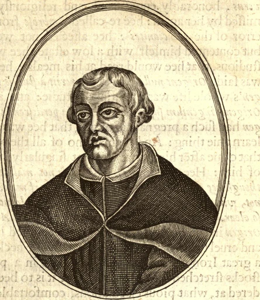 An illustration from The marrow of ecclesiastical historie, conteined in the lives of the fathers and other learned men and famous divines which have flourished in the Church since Christ's time to this present age. Faithfully collected out of several autors and orderly disposed according to the centuries wherein they lived. Together with the livelie effigies of most of the eminentest of them cut in copper, 1650, leaf 53