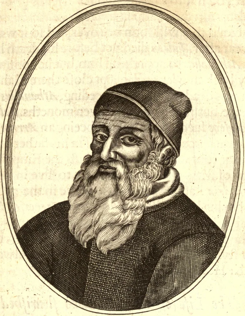 An illustration from The marrow of ecclesiastical historie, conteined in the lives of the fathers and other learned men and famous divines which have flourished in the Church since Christ's time to this present age. Faithfully collected out of several autors and orderly disposed according to the centuries wherein they lived. Together with the livelie effigies of most of the eminentest of them cut in copper, 1650, leaf 61