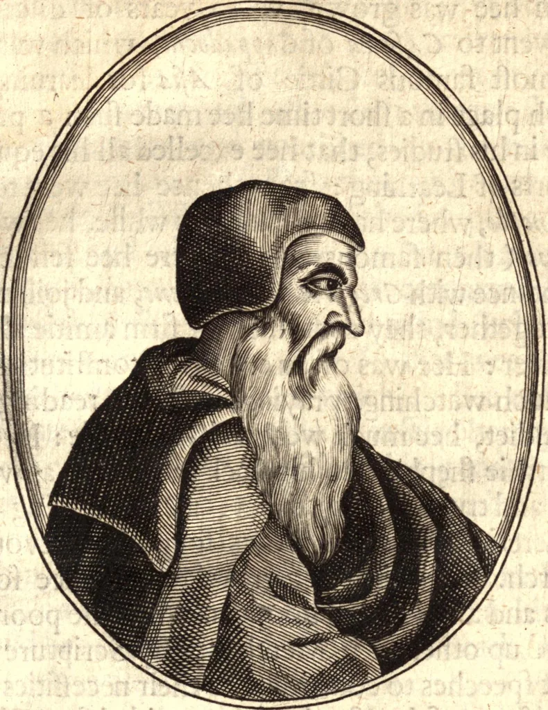 An illustration from The marrow of ecclesiastical historie, conteined in the lives of the fathers and other learned men and famous divines which have flourished in the Church since Christ's time to this present age. Faithfully collected out of several autors and orderly disposed according to the centuries wherein they lived. Together with the livelie effigies of most of the eminentest of them cut in copper, 1650, leaf 64