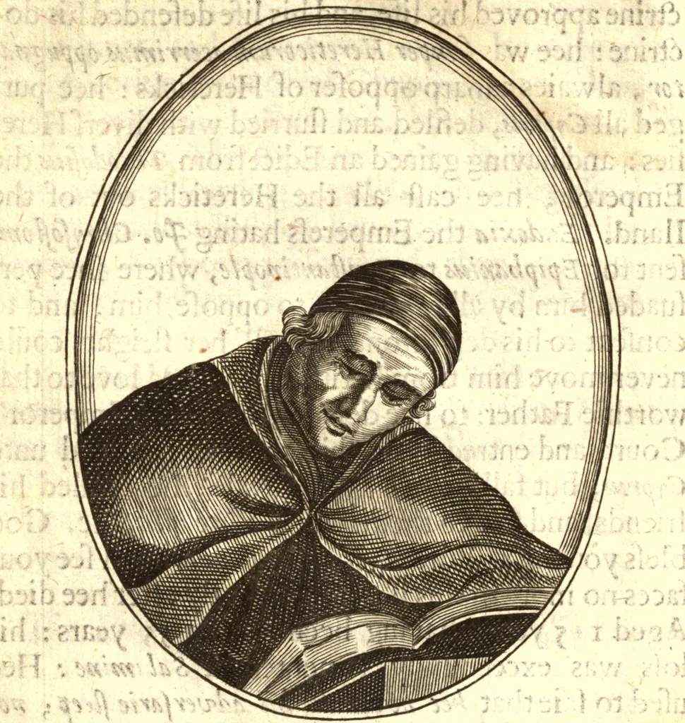 An illustration from The marrow of ecclesiastical historie, conteined in the lives of the fathers and other learned men and famous divines which have flourished in the Church since Christ's time to this present age. Faithfully collected out of several autors and orderly disposed according to the centuries wherein they lived. Together with the livelie effigies of most of the eminentest of them cut in copper, 1650, leaf 71