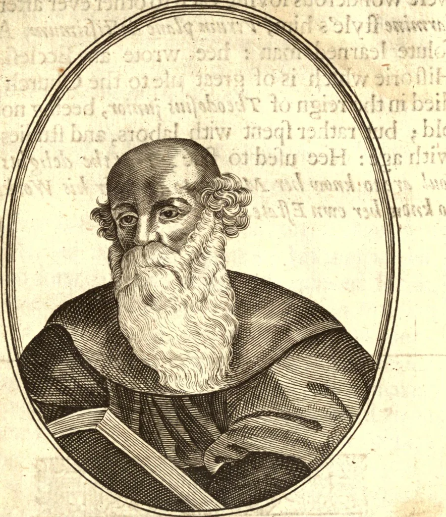 An illustration from The marrow of ecclesiastical historie, conteined in the lives of the fathers and other learned men and famous divines which have flourished in the Church since Christ's time to this present age. Faithfully collected out of several autors and orderly disposed according to the centuries wherein they lived. Together with the livelie effigies of most of the eminentest of them cut in copper, 1650, leaf 77