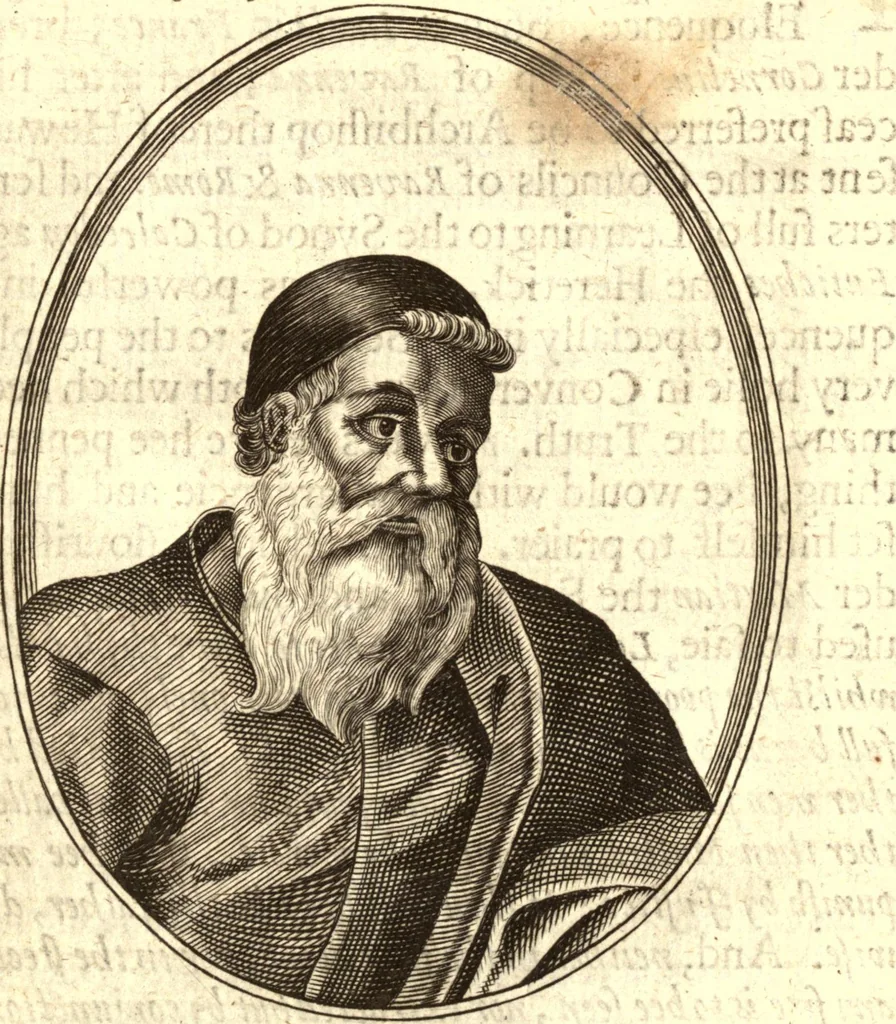 An illustration from The marrow of ecclesiastical historie, conteined in the lives of the fathers and other learned men and famous divines which have flourished in the Church since Christ's time to this present age. Faithfully collected out of several autors and orderly disposed according to the centuries wherein they lived. Together with the livelie effigies of most of the eminentest of them cut in copper, 1650, leaf 91