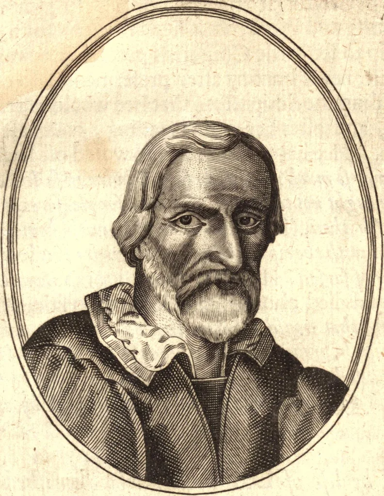 An illustration from The marrow of ecclesiastical historie, conteined in the lives of the fathers and other learned men and famous divines which have flourished in the Church since Christ's time to this present age. Faithfully collected out of several autors and orderly disposed according to the centuries wherein they lived. Together with the livelie effigies of most of the eminentest of them cut in copper, 1650, leaf 98