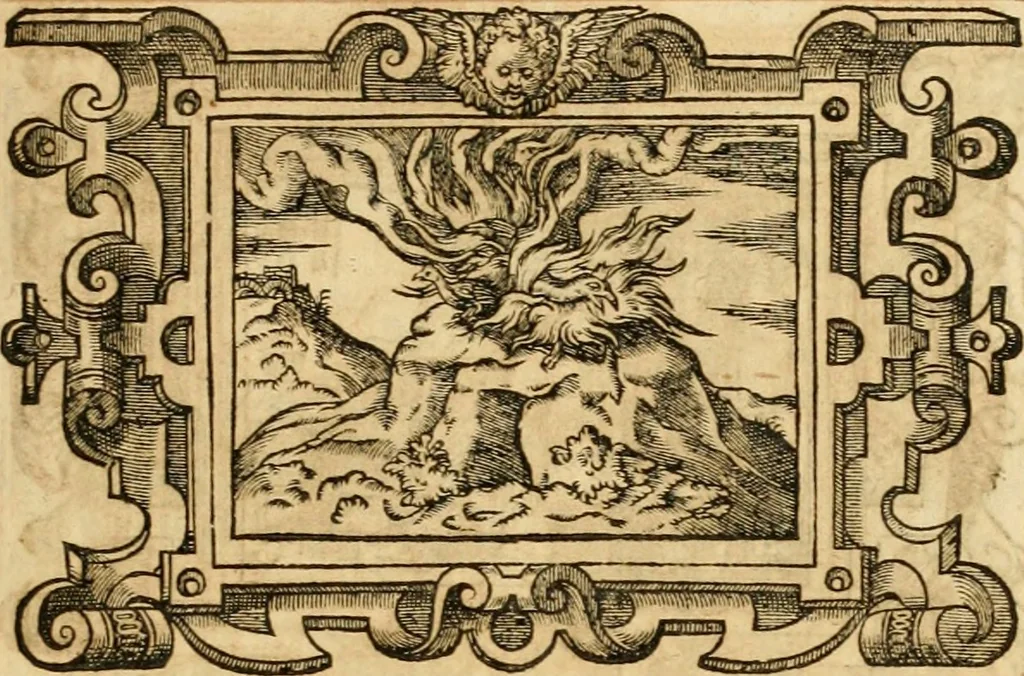 An illustration from Theodori Bezae Vezelii Poemata varia : sylvae, elegiae, epitaphia, epigrammata, icones, emblemata, Cato Censorius : omnia ab ipso auctore in vnum nunc corpus collecta & recognita, 1597, leaf 256