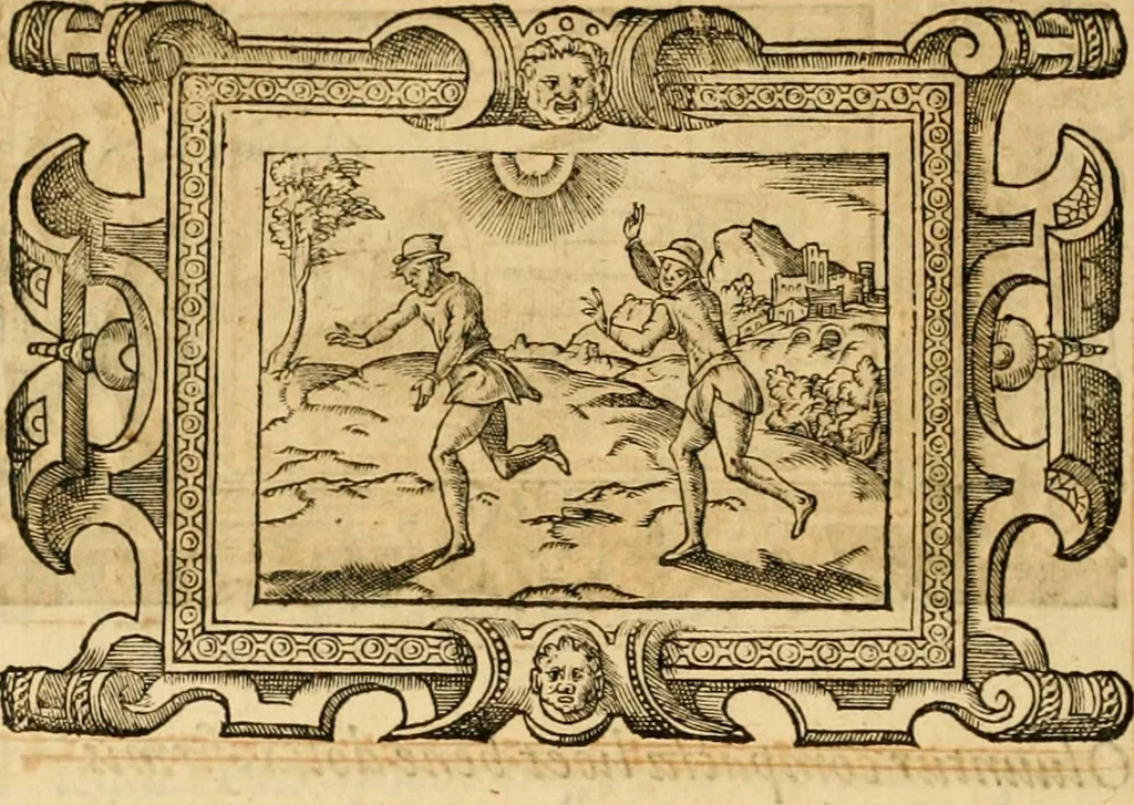 An illustration from Theodori Bezae Vezelii Poemata varia : sylvae, elegiae, epitaphia, epigrammata, icones, emblemata, Cato Censorius : omnia ab ipso auctore in vnum nunc corpus collecta & recognita, 1597, leaf 263