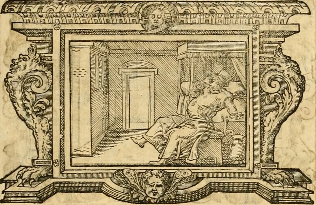 An illustration from Theodori Bezae Vezelii Poemata varia : sylvae, elegiae, epitaphia, epigrammata, icones, emblemata, Cato Censorius : omnia ab ipso auctore in vnum nunc corpus collecta & recognita, 1597, leaf 264