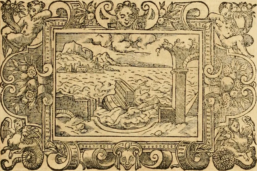 An illustration from Theodori Bezae Vezelii Poemata varia : sylvae, elegiae, epitaphia, epigrammata, icones, emblemata, Cato Censorius : omnia ab ipso auctore in vnum nunc corpus collecta & recognita, 1597, leaf 266