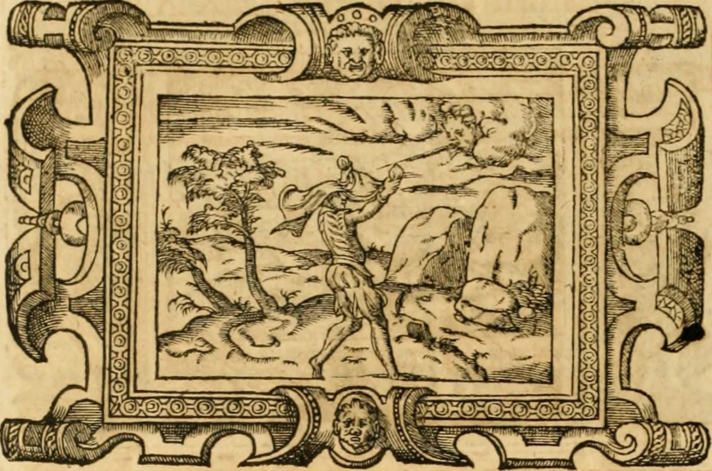 An illustration from Theodori Bezae Vezelii Poemata varia : sylvae, elegiae, epitaphia, epigrammata, icones, emblemata, Cato Censorius : omnia ab ipso auctore in vnum nunc corpus collecta & recognita, 1597, leaf 271
