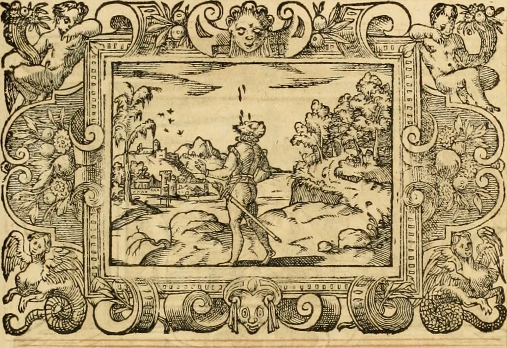 An illustration from Theodori Bezae Vezelii Poemata varia : sylvae, elegiae, epitaphia, epigrammata, icones, emblemata, Cato Censorius : omnia ab ipso auctore in vnum nunc corpus collecta & recognita, 1597, leaf 274