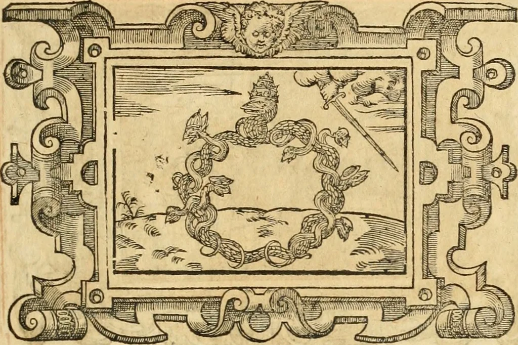 An illustration from Theodori Bezae Vezelii Poemata varia : sylvae, elegiae, epitaphia, epigrammata, icones, emblemata, Cato Censorius : omnia ab ipso auctore in vnum nunc corpus collecta & recognita, 1597, leaf 276