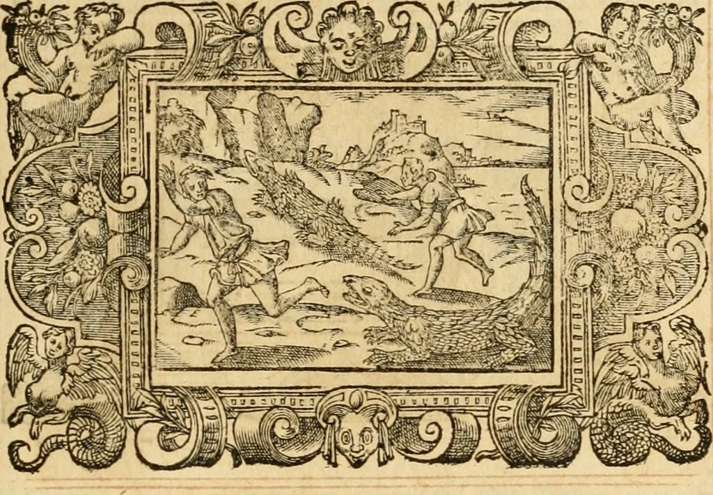 An illustration from Theodori Bezae Vezelii Poemata varia : sylvae, elegiae, epitaphia, epigrammata, icones, emblemata, Cato Censorius : omnia ab ipso auctore in vnum nunc corpus collecta & recognita, 1597, leaf 282