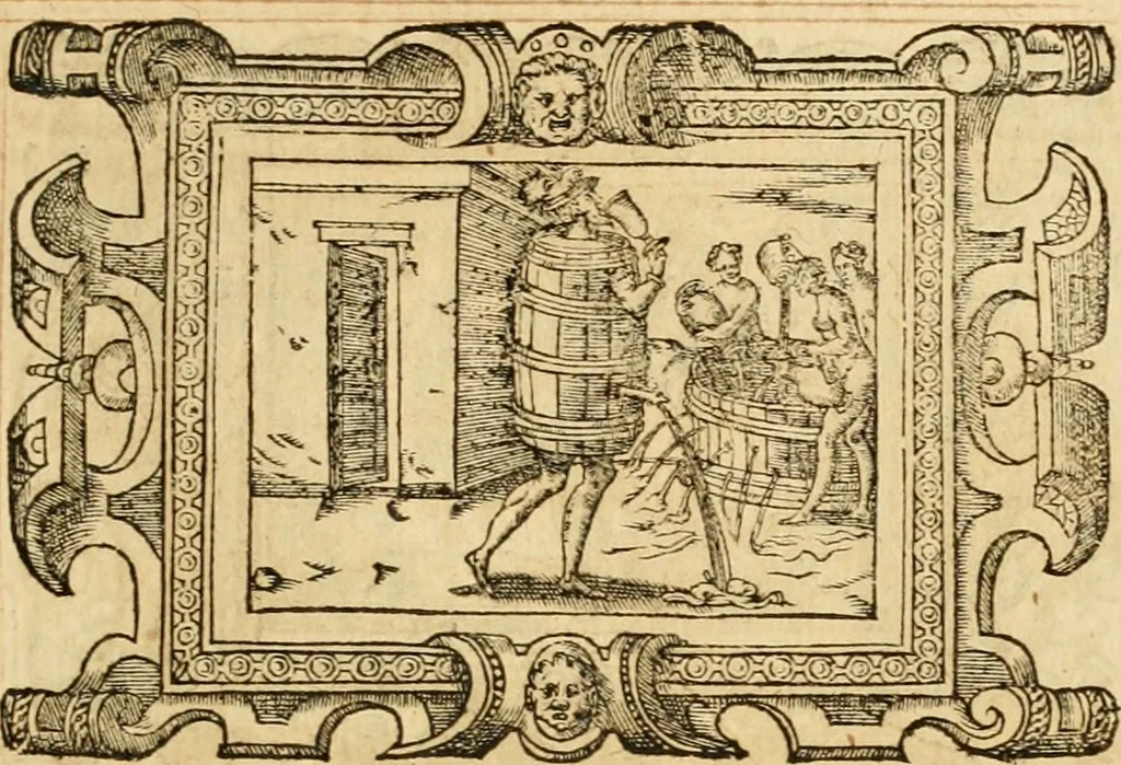 An illustration from Theodori Bezae Vezelii Poemata varia : sylvae, elegiae, epitaphia, epigrammata, icones, emblemata, Cato Censorius : omnia ab ipso auctore in vnum nunc corpus collecta & recognita, 1597, leaf 284