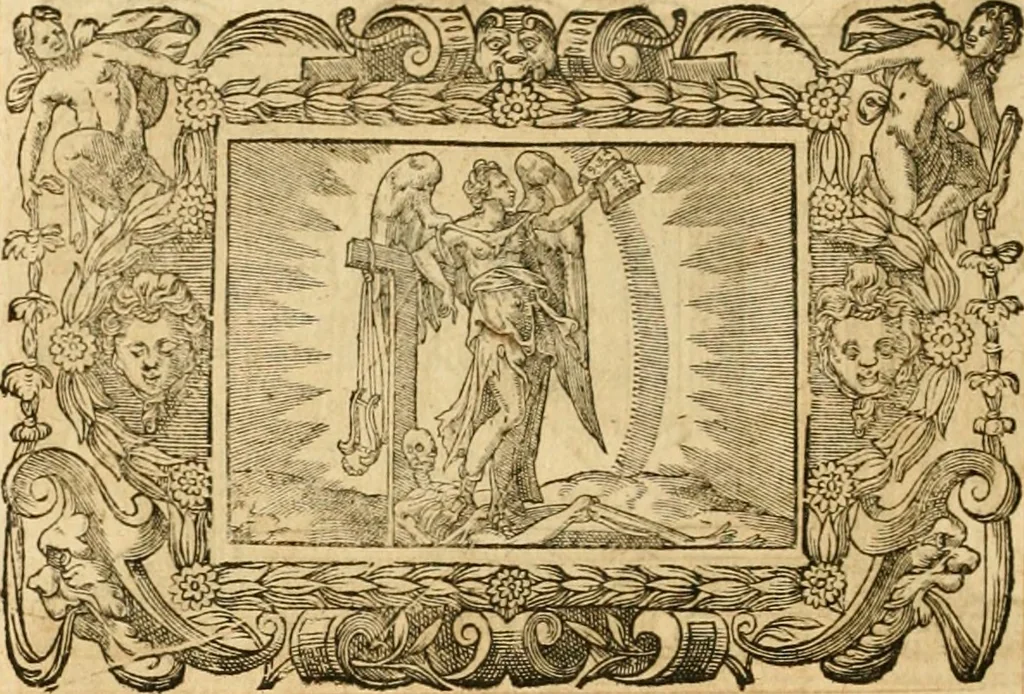 An illustration from Theodori Bezae Vezelii Poemata varia : sylvae, elegiae, epitaphia, epigrammata, icones, emblemata, Cato Censorius : omnia ab ipso auctore in vnum nunc corpus collecta & recognita, 1597, leaf 285