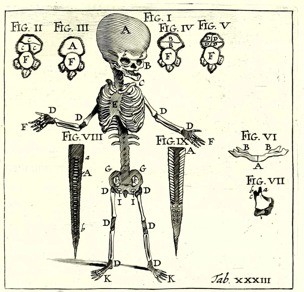 An illustration from Theodori Kerckringii doctoris medici spicilegium anatomicum : continens observationum anatomicarum rariorum centuriam unam : nec non osteogeniam foetuum : in qua quid cuique ossiculo singulis accedat mensibus : quidve decedat & in eo per varia immutetur tempora, accuratissimè oculis subjicitur, 1670, leaf 305