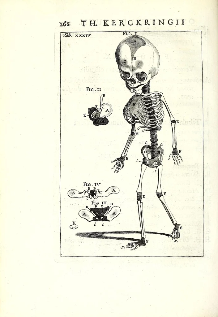 An illustration from Theodori Kerckringii doctoris medici spicilegium anatomicum : continens observationum anatomicarum rariorum centuriam unam : nec non osteogeniam foetuum : in qua quid cuique ossiculo singulis accedat mensibus : quidve decedat & in eo per varia immutetur tempora, accuratissimè oculis subjicitur, 1670, leaf 308