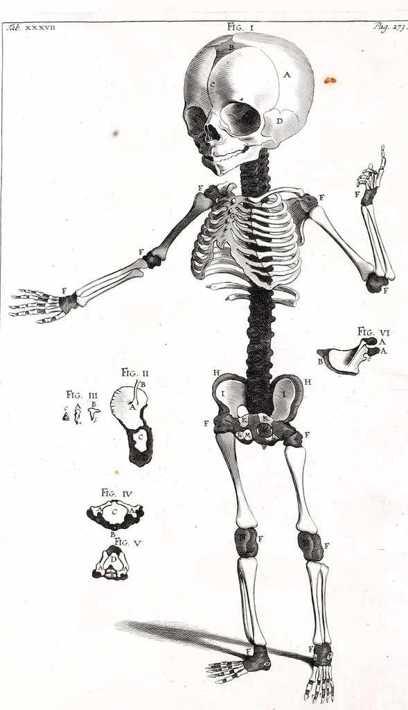 An illustration from Theodori Kerckringii doctoris medici spicilegium anatomicum : continens observationum anatomicarum rariorum centuriam unam : nec non osteogeniam foetuum : in qua quid cuique ossiculo singulis accedat mensibus : quidve decedat & in eo per varia immutetur tempora, accuratissimè oculis subjicitur, 1670, leaf 320