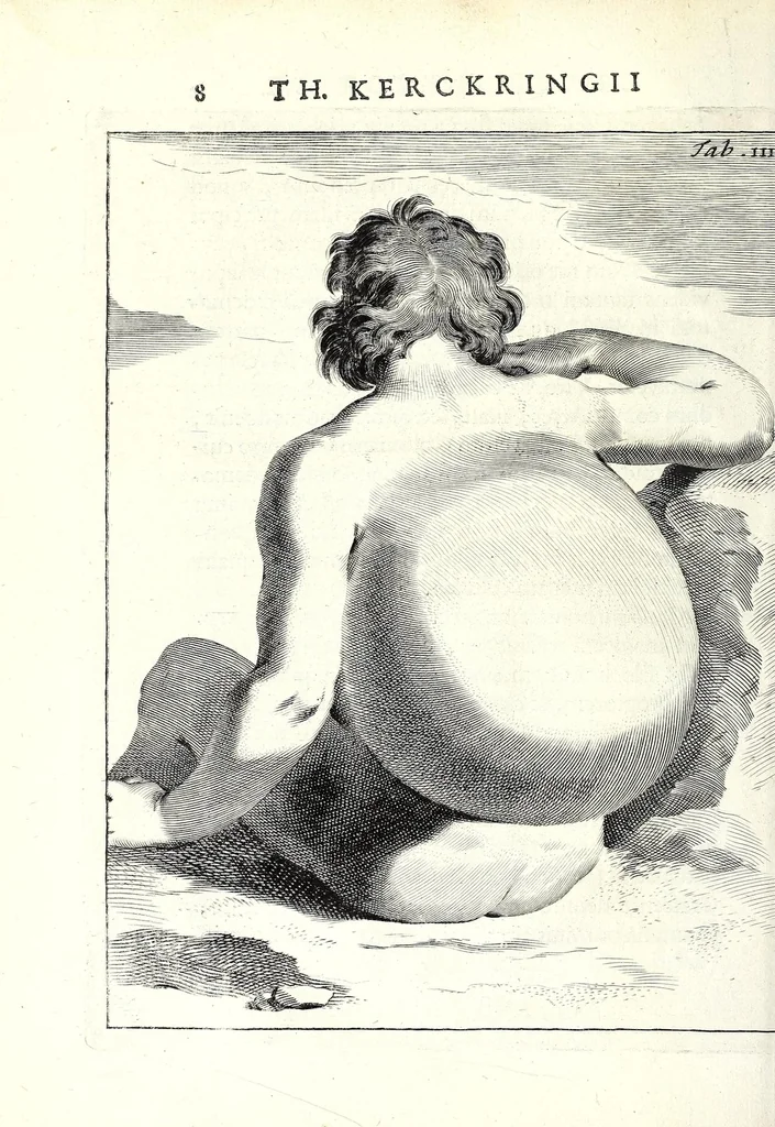 An illustration from Theodori Kerckringii doctoris medici spicilegium anatomicum : continens observationum anatomicarum rariorum centuriam unam : nec non osteogeniam foetuum : in qua quid cuique ossiculo singulis accedat mensibus : quidve decedat & in eo per varia immutetur tempora, accuratissimè oculis subjicitur, 1670, leaf 44