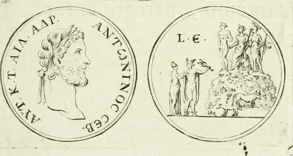 An illustration from Theon krisis : ivdicivm Paridis de tribvs deabvs latvm, in nvmismate imp. Antonini Pii expressvm : epistola Caroli Patini, 1679, leaf 4