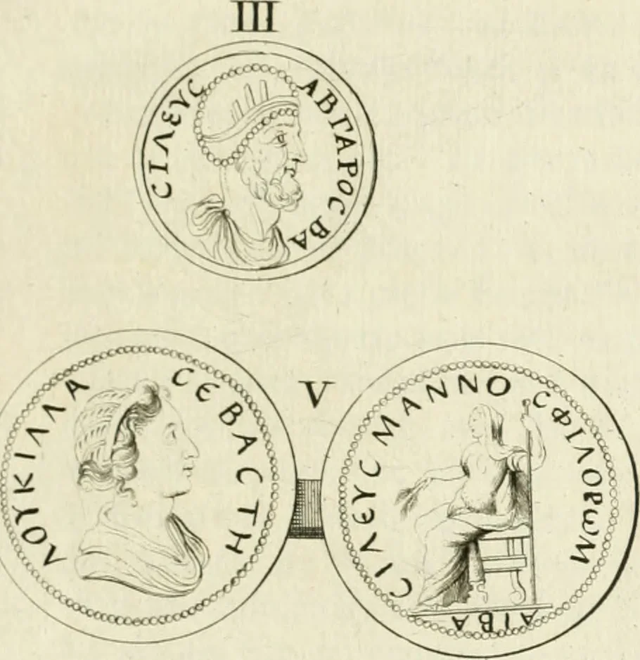An illustration from Theophili Sigefridi Bayeri Regiomontani Historia Osrhoena et Edessena ex numis illustrata : in qua, Edessae vrbis, Osrhoëni regni, Abgarorum regum, praefectorum Graecorum, Arabum, Persarum, comitum Francorum, successiones, fata, res aliae memorabiles, a prima origene vrbis ad extrema fere tempora explicantur, 1734, leaf 180