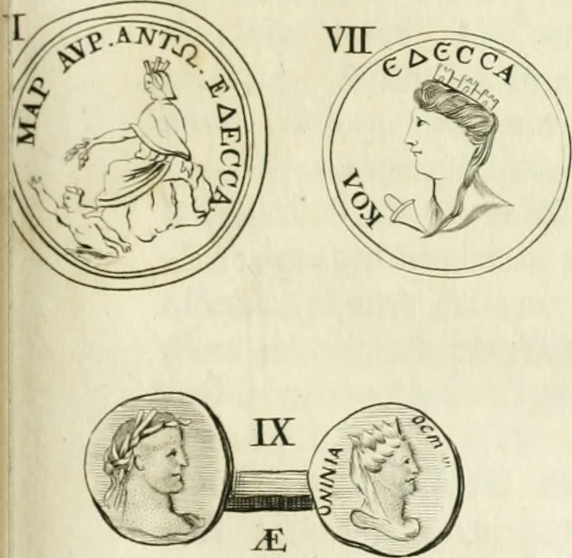 An illustration from Theophili Sigefridi Bayeri Regiomontani Historia Osrhoena et Edessena ex numis illustrata : in qua, Edessae vrbis, Osrhoëni regni, Abgarorum regum, praefectorum Graecorum, Arabum, Persarum, comitum Francorum, successiones, fata, res aliae memorabiles, a prima origene vrbis ad extrema fere tempora explicantur, 1734, leaf 206