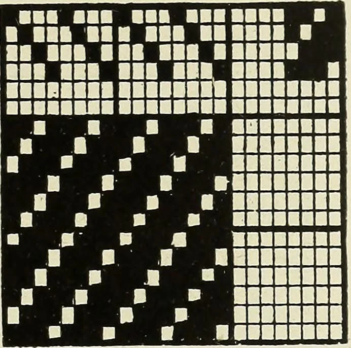 An illustration from Theory of silk weaving; a treatise on the construction and application of weaves, and the decomposition and calculation of broad and narrow, plain, novelty and jacquard silk fabrics, 1921, leaf 28
