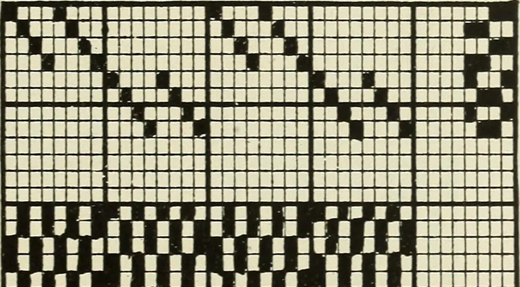 An illustration from Theory of silk weaving; a treatise on the construction and application of weaves, and the decomposition and calculation of broad and narrow, plain, novelty and jacquard silk fabrics, 1921, leaf 44